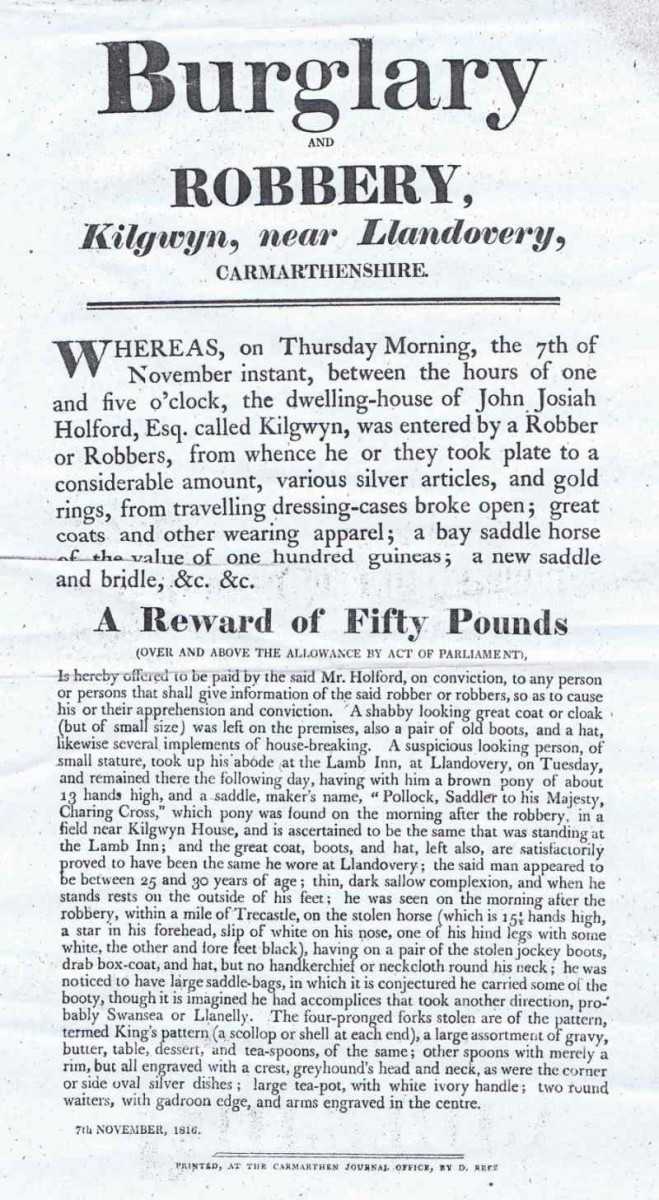Poster about a Burglary and Robbery at Kilgwyn, Carms, 1816